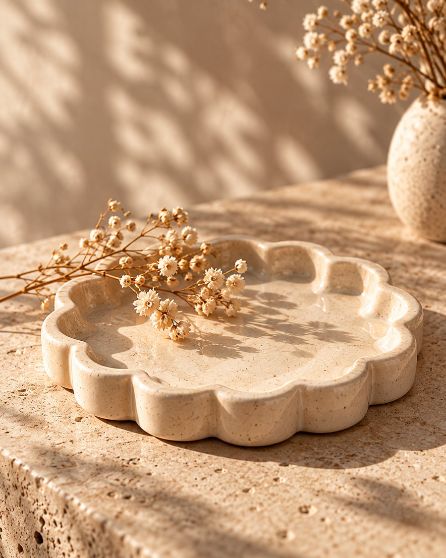 Scalloped tray with dried flowers